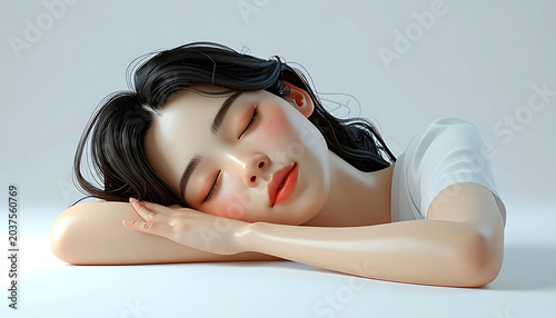 Peaceful sleeping young woman with closed eyes resting head on arms, soft lighting, gentle expression, serenity, relaxation, beauty, portrait on light background