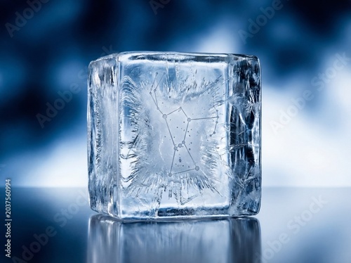 Stunning close-up view of a crystalline ice cube, highlighting its intricate frozen patterns and unique internal texture, set against a refreshing cool blue bokeh background
