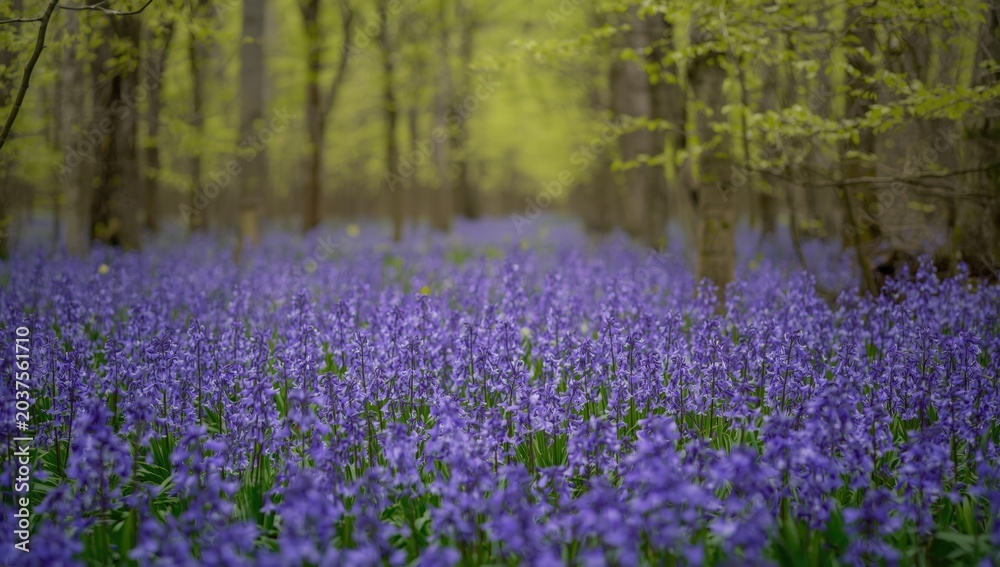 Obraz premium Bluebell Flowers Blooming in Spring Forest Vibrant Purple Carpet, Soft Light