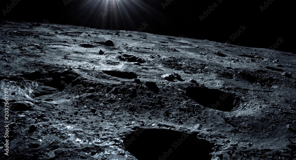 Obraz premium Bright sunlight illuminating the rough lunar surface in orbit