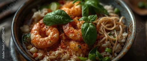 Obraz  z motywem Seasoned Shrimp Bowl with Rice and Fresh Basil Close-Up, Warm Lighting, Gourmet Style