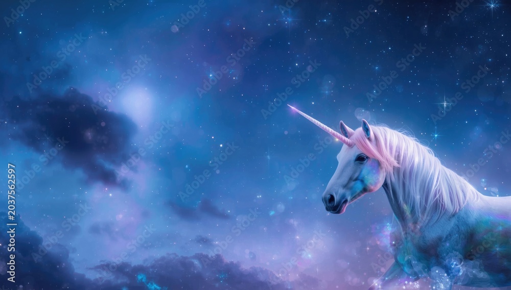 Obraz premium Celestial holographic wallpaper with undulating sky and radiant stars alongside magical unicorns