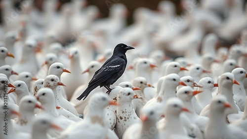 Black crow perched among white dove statues with mud specks on feathers.