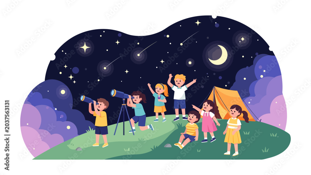 Naklejka premium Celestial Explorers: A group of happy children gather under a starry night sky, gazing through telescopes at the crescent moon and shooting stars, experiencing the wonder of the cosmos.