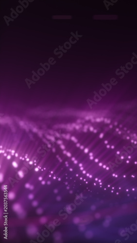 Abstract purple data wave with glowing particles, soft bokeh dots, and futuristic digital technology background.