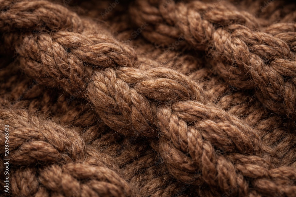 Fototapeta premium Textured close-up of hand-knit brown wool fibers with cozy feel