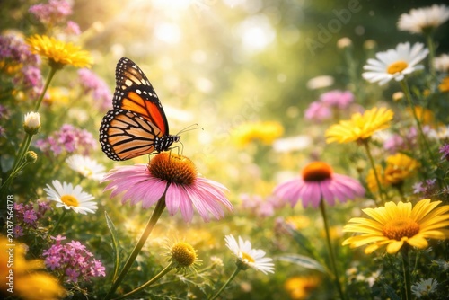 Delightful butterfly exploring radiant spring flowers in a lively garden atmosphere with copy space