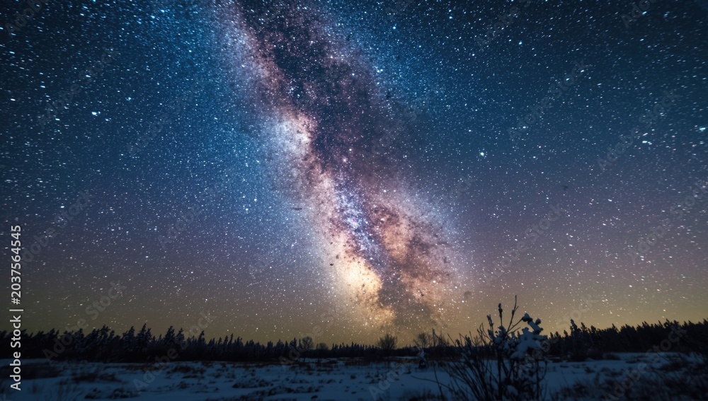 Obraz premium Bright starry sky over winter landscape highlighted by a vibrant milky way galaxy