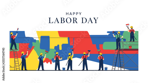 Schilderij op canvas Happy Labor Day Celebration: Workers united in labor, painting a colorful mural to celebrate Labor Day, symbolizing the collective effort and artistry of the workforce