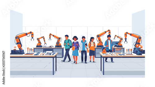 Bilde på lerret Future of Automation Education: Students surrounded by robotic arms in a modern laboratory, embracing the forefront of technological learning and innovation