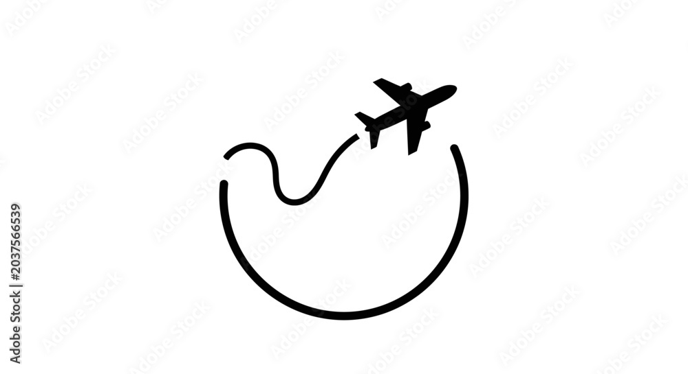 Fototapeta premium Minimalist airplane icon with a hand drawn flight path line.