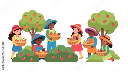 Tableau sur toile Children Picking Apples: A group of diverse children in straw hats excitedly gather ripe apples in baskets from trees and bushes in an orchard, symbolizing wholesome fun and harvest