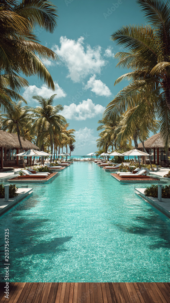 Fototapeta premium Wooden poolside terrace with tropical resort pool as backdrop, sun loungers and palm trees, sunny weather, relaxing summer vibes. Vertical image