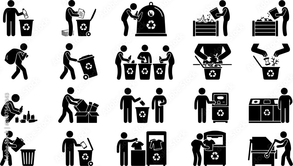 Obraz premium Recycling and Waste Sorting Black Silhouette Icon Set Featuring People Disposing Plastic Paper Food E-Waste and Battery Trash Vector Collection