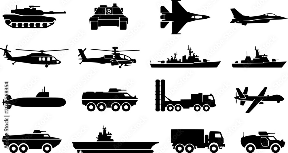 Obraz premium Military Vehicles Black Silhouette Icon Set Featuring Tanks Fighter Jets Helicopters Warships Submarine Drone and Armored Trucks Vector Collection