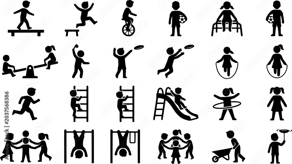 Naklejka premium Children Playground Activities Black Silhouette Icon Set Featuring Running Jumping Swinging Soccer Hopscotch Hula Hoop and Outdoor Play Vector Collection