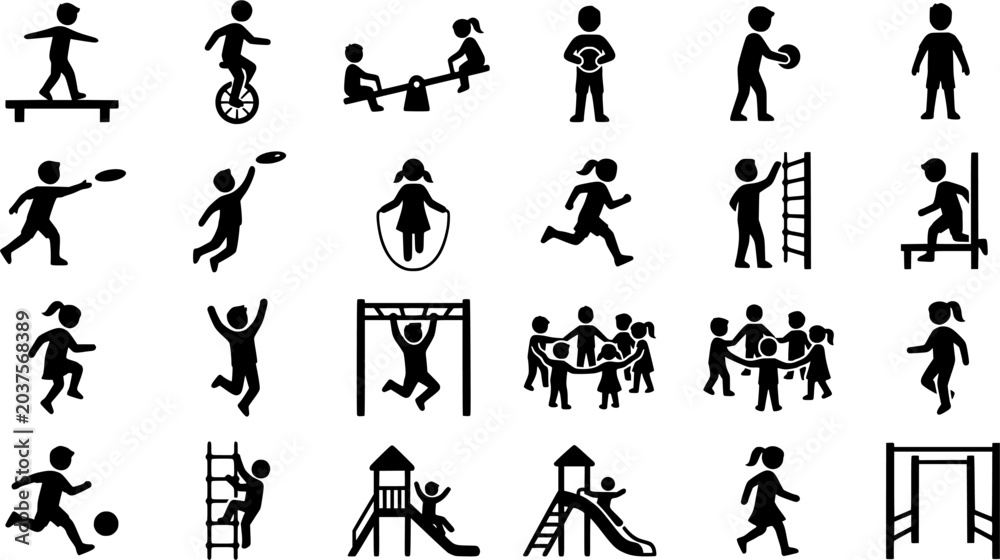 Fototapeta premium Children Playground Activities Black Silhouette Icon Set Featuring Running Jumping Swinging Soccer Hopscotch Hula Hoop and Outdoor Play Vector Collection