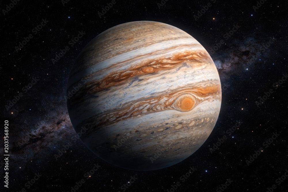Obraz premium Textured Jupiter planet surface captured on a dark cosmic star field background