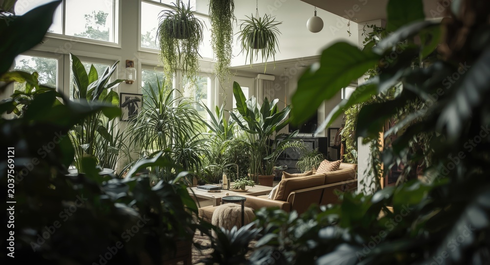 Fototapeta premium Bright airy living room with diverse indoor plants including sansevierias and philodendrons