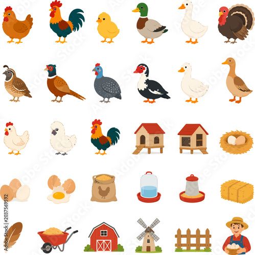 Fotografie A colorful collection of farm animals and poultry farming equipment illustration