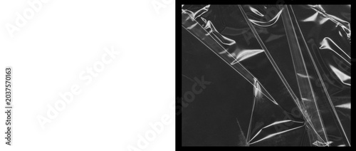 Konstfotografi Crumpled plastic wrap texture on black background, wrinkled transparent cellopha