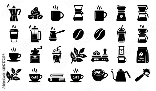 Foto Modern coffee pictogram vector set solid espresso cafe and barista icon collecti