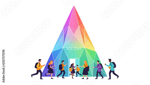 Fotografía Vibrant Academy Entrance: Students with backpacks approach a rainbow-hued, crystalline pyramid structure labeled ACADEMY, symbolizing knowledge and learning with a modern, artistic flair