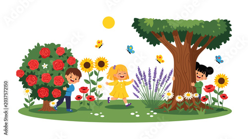 Foto Joyful Garden Adventure: Children revel in a vibrant garden filled with blooming roses, sunflowers, and lavender, under a bright sun, encountering butterflies and hiding behind a large tree