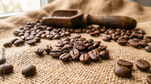 Cuadro en lienzo Close-up shot of roasted coffee beans scattered across a rustic burlap sack, featuring a vintage wooden scoop in the background for a traditional feel