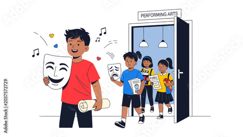Canvastavla Children Entering Performing Arts Class: Young students, holding masks representing joy and sadness, enter a performing arts classroom, eager to explore the world of theatre and drama