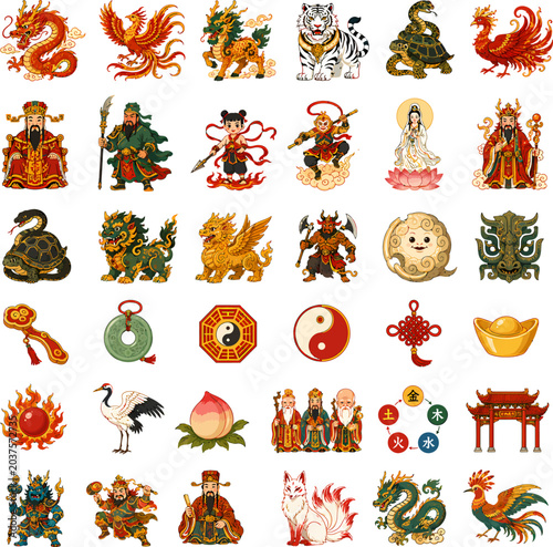 Принти на полотні Vibrant vector collection of traditional East Asian mythical creatures, benevole