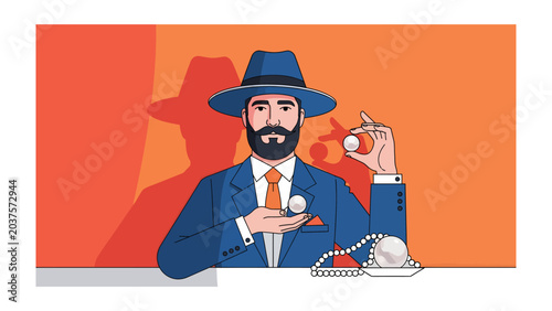 Foto The Gentleman's Collection: A dapper gentleman in a fedora and suit, with a distinguished beard, proudly displays a pearl and a billiard ball