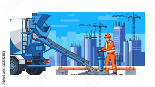 Quadro su tela Concrete Delivery: A construction worker in an orange uniform operates a concrete mixer truck, pouring cement onto a building foundation with cranes in the background