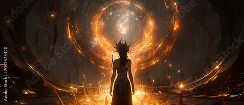 Woman standing before swirling cosmic portal with golden energy and starlight