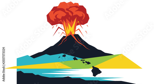 Graphic illustration of a volcanic eruption on a tropical island landscape.