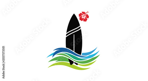 Black surfboard icon with stylized ocean waves and a red hibiscus flower.