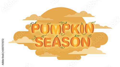 Tableau sur toile Pumpkin Season Greeting: Vibrant text proclaims Pumpkin Season amidst a warm, hazy sun and stylized clouds, evoking the cozy spirit of autumn