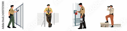 Quadro em tela Flat vector illustrations of a security guard performing various duties such as patrolling a fence, using binoculars, locking gates, and monitoring surveillance