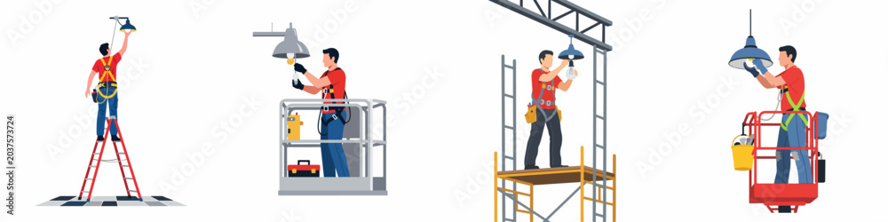 Ταπετσαρία Professional technicians performing industrial lighting maintenance at heights using ladders, scaffolding, and various aerial lift platforms while wearing safety harnesses