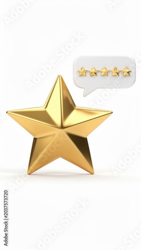 Golden star rating symbol with five star review