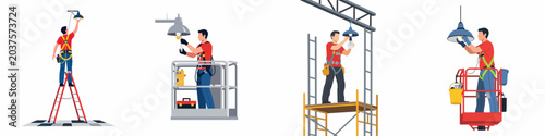 Quadro su tela Professional technicians performing industrial lighting maintenance at heights using ladders, scaffolding, and various aerial lift platforms while wearing safety harnesses