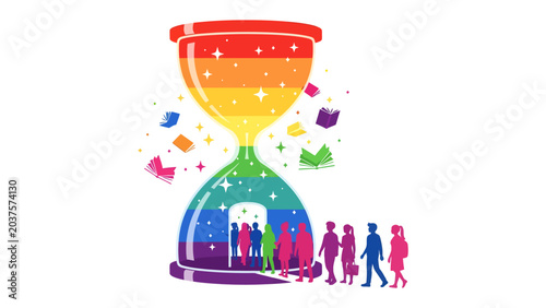 Obraz na płótnie Time for Inclusion: An hourglass filled with rainbow colors symbolizes the passage of time and diversity, with diverse silhouettes of people entering and books flying out