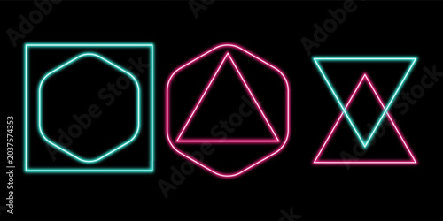 Neon geometric shapes sequence, glowing cyan square with hexagon, pink octagon with triangle, and overlapping colorful abstract triangles on black background