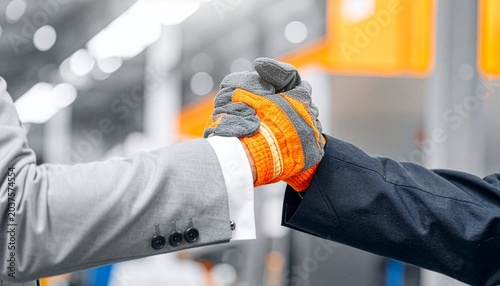 Close-up of a corporate businessman in a suit and an industrial worker in heavy safety gloves locking hands firmly, representing trust, unity, and a strong business alliance.