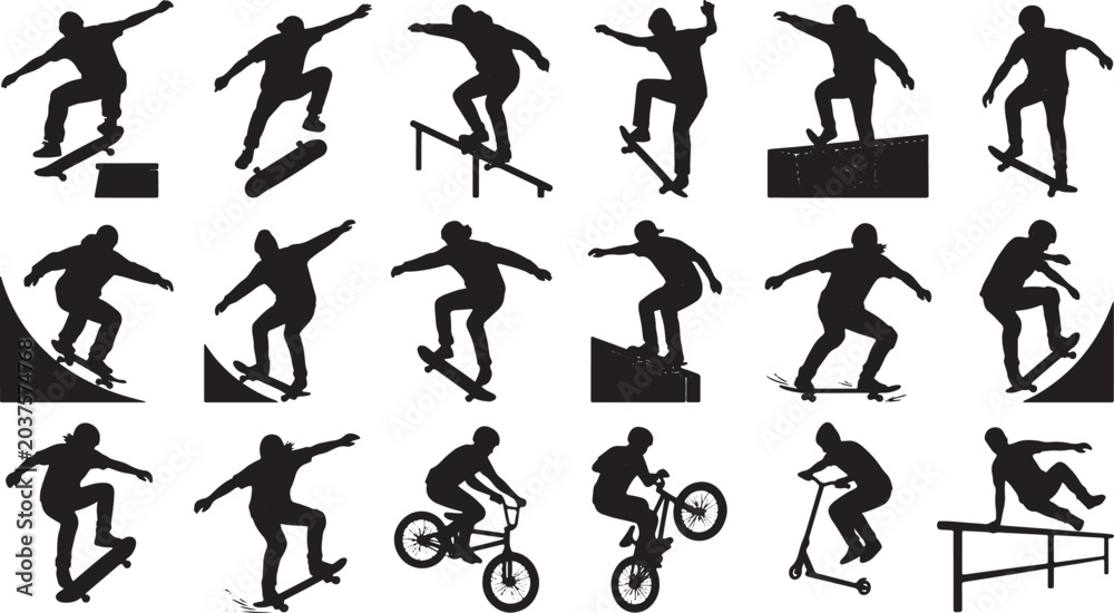 Naklejka premium Collection of skateboarders, bmx riders, and scooter riders performing tricks silhouettes isolated on white background, Vector