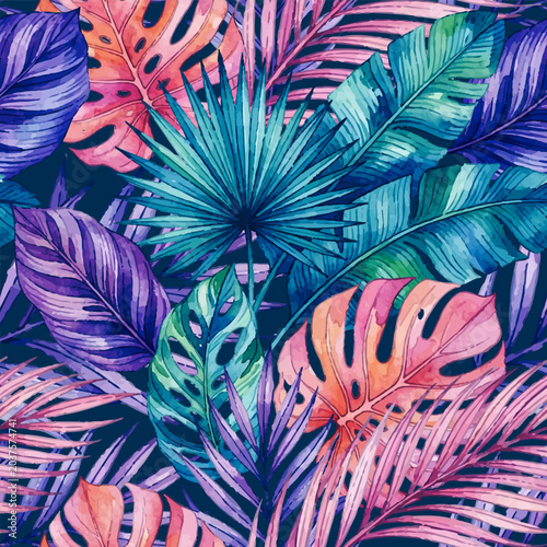 Premium floral pattern with tropical exotic leaves tree foliage in turquoise ...
