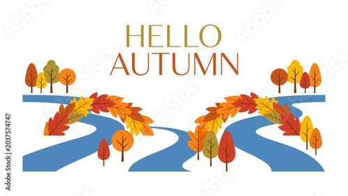 Bild auf Leinwand Hello Autumn Scenic Path: A stylized illustration depicting a serene autumn landscape with a flowing blue river and vibrant trees showcasing the season's characteristic warm color palette