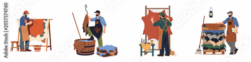 Foto Set of illustrations depicting traditional leather tanning and production processes with craftsmen working on animal hides in a professional workshop