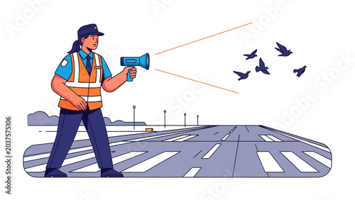 Foto Airport Bird Control: An airport worker in a reflective vest uses a megaphone to deter birds from the runway, ensuring aviation safety