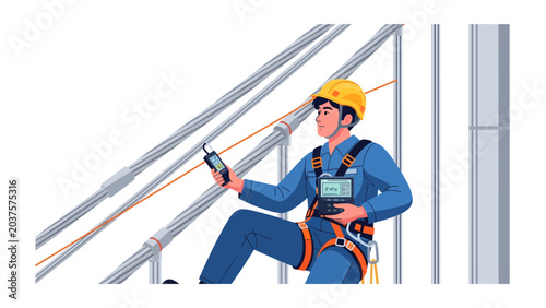 Fotografía Industrial Inspection: A focused worker in safety gear, equipped with a handheld device, conducts an inspection on high-tension wires, highlighting diligence and precision in a demanding environment